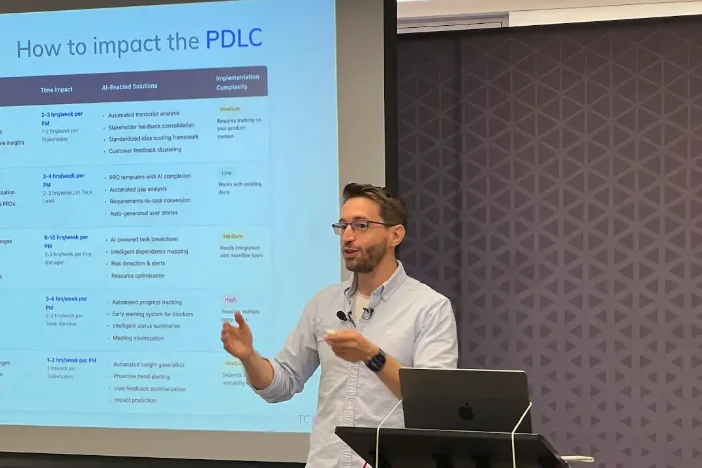 Jorge Alcantara presenting how AI can impact the product development lifecycle at ProductTank San Francisco.