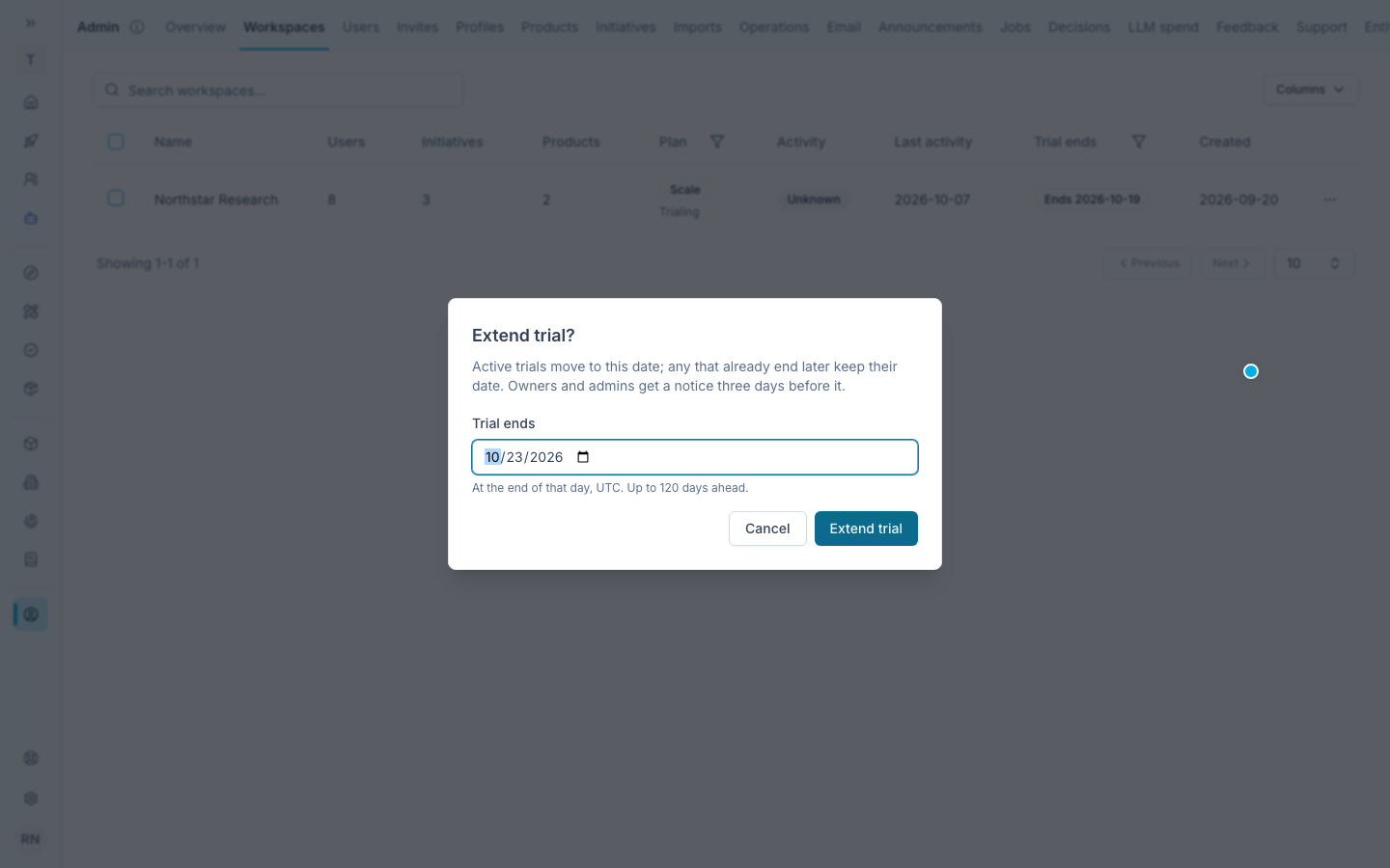 The trial end-date dialog shows October 23, 2026 for a synthetic Scale workspace.