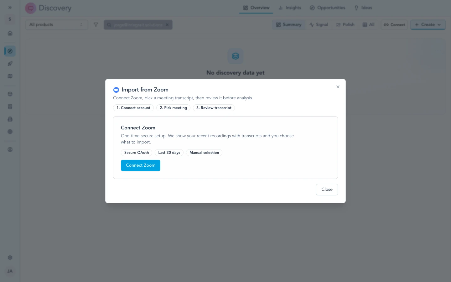 Discovery import flow prompting to connect Zoom before choosing a meeting.