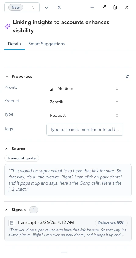 Insight detail showing linked transcript and signal evidence.