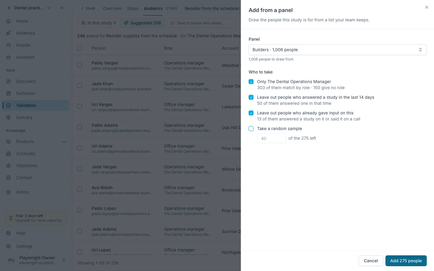The Add from a panel sheet in a validation study, drawing from a 1,006-person panel: keep only the study's persona, leave out the 50 people who answered a study in the last 14 days and the 13 who already gave input on this, and add the 275 left.