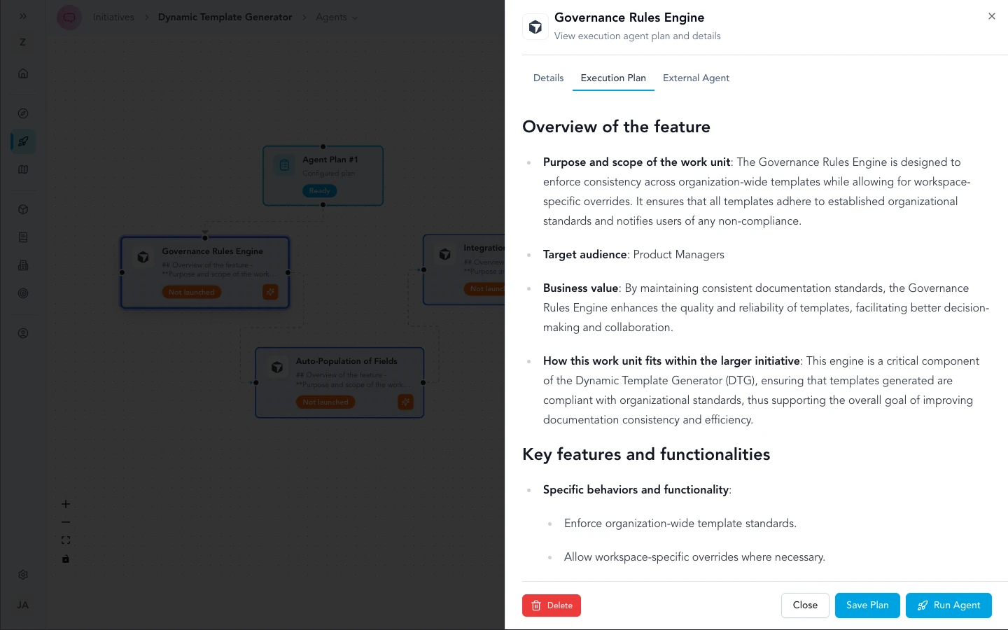 Governance rules and execution plan modal on the initiative Agents experience.