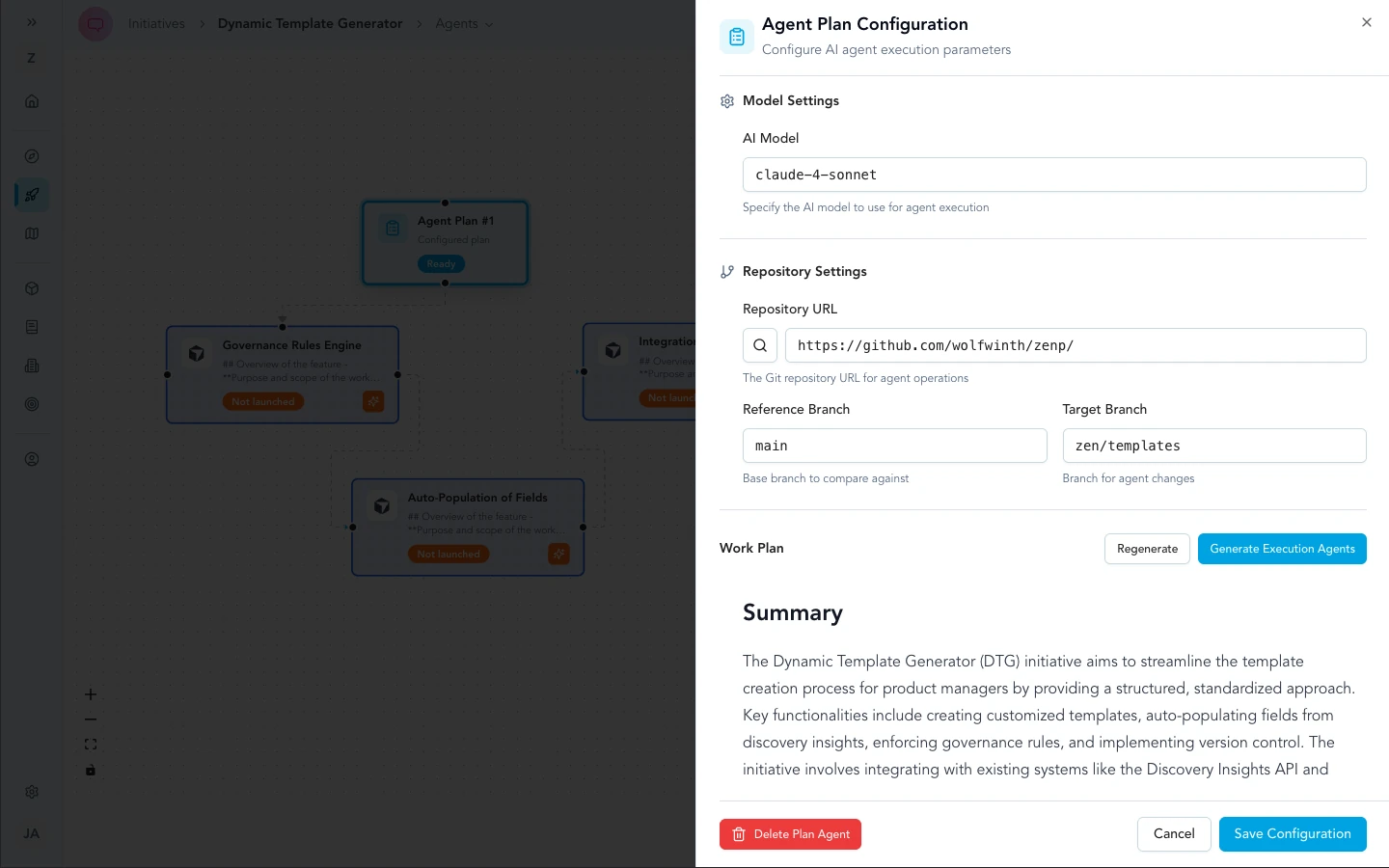 Agent plan configuration sheet with model, repository, branches, and plan content.