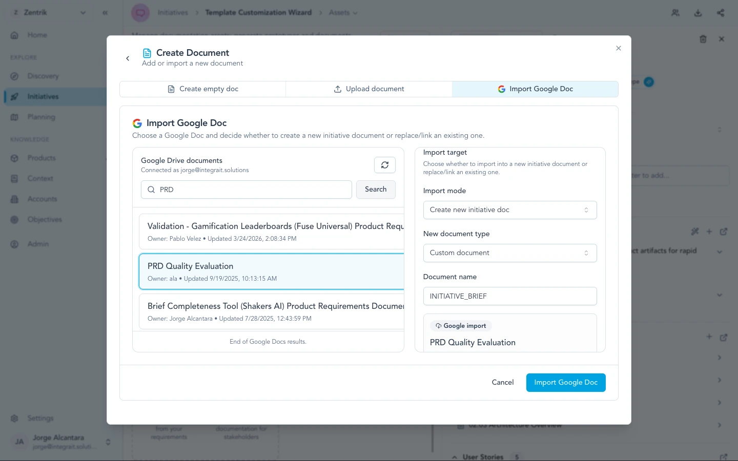 Initiative flow to import or link content from an existing Google Doc.