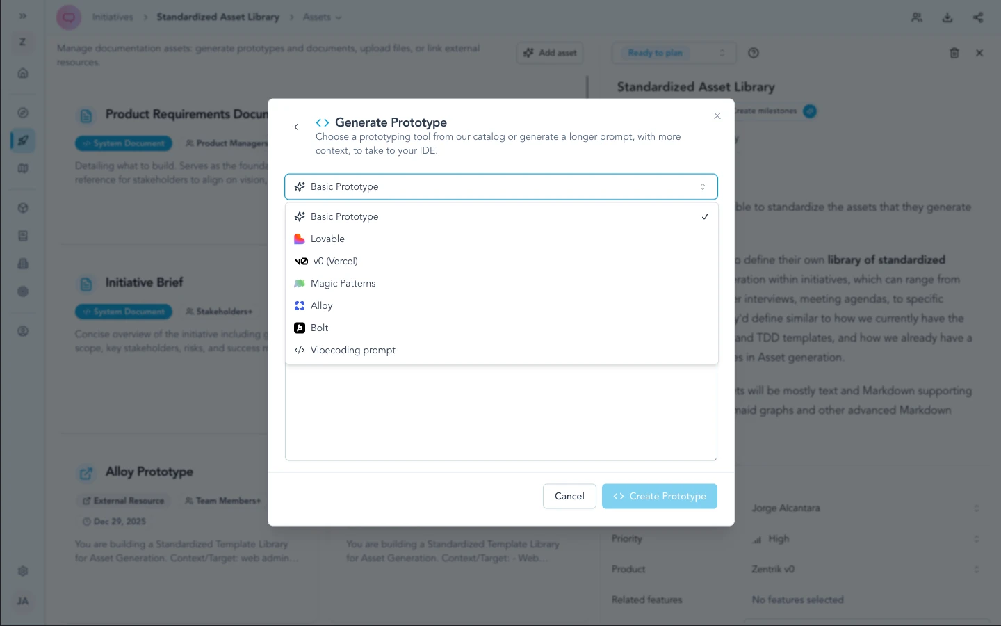 Generate prototype modal showing the prototyping tool catalog.