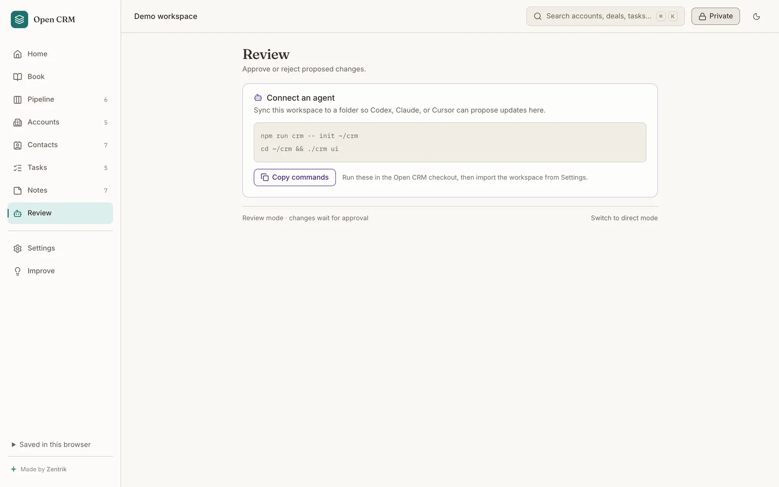 The Review screen, where an agent's proposed changes wait with their evidence.