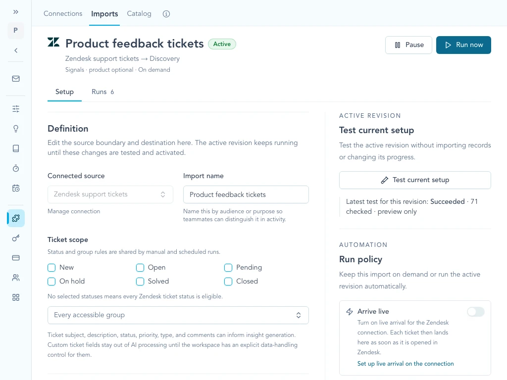 A saved Zendesk import with its ticket scope, run policy, and latest test result.